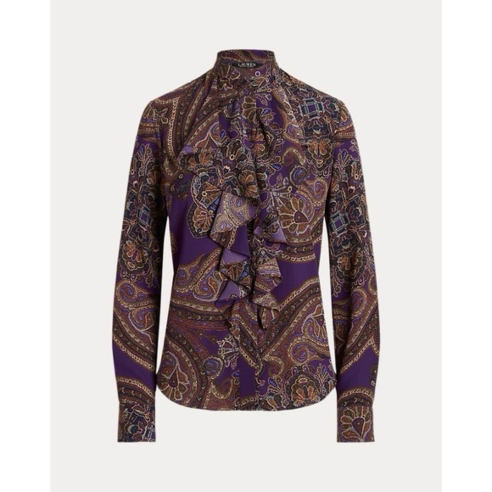 Ralph Lauren Paisley Ruffle-Trim Georgette Shirt in Plum